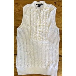 The Wrights Sleeveless Knit Sz M Sweater White Ruffled Front Buttons 100% Cotton